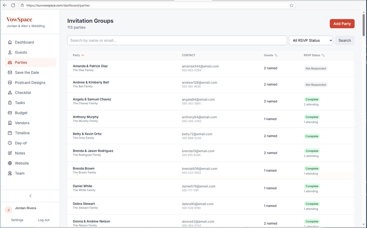 VowSpace guest list and party management screenshot