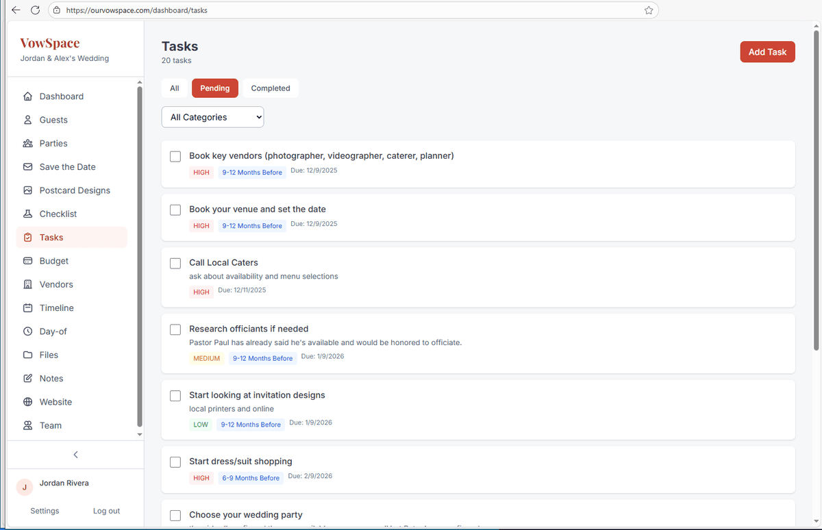 VowSpace wedding checklist and timeline screenshot
