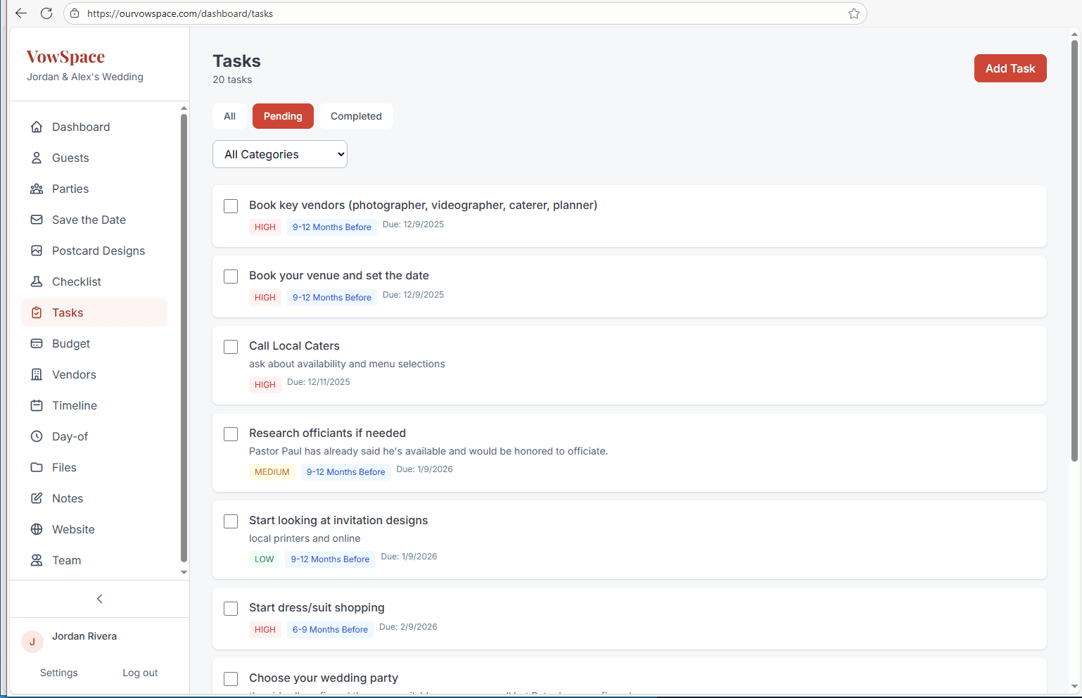 VowSpace checklist showing tasks grouped by timeframe
