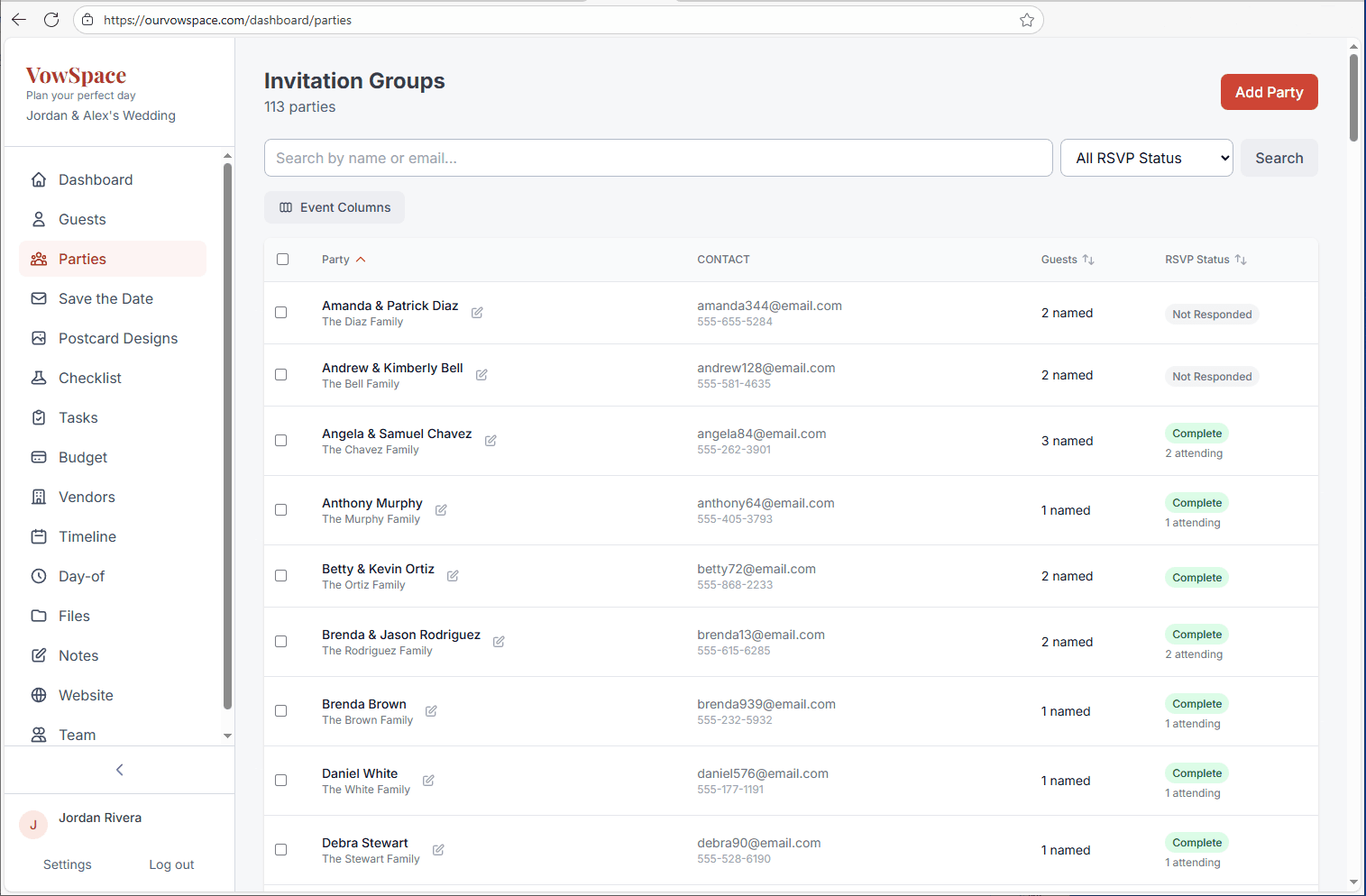 VowSpace guest list and RSVP tracker showing households and attendance