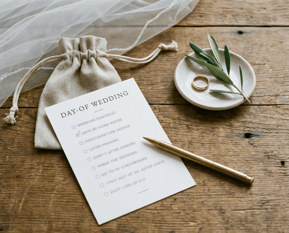 Wedding day emergency kit checklist with pen and small pouch