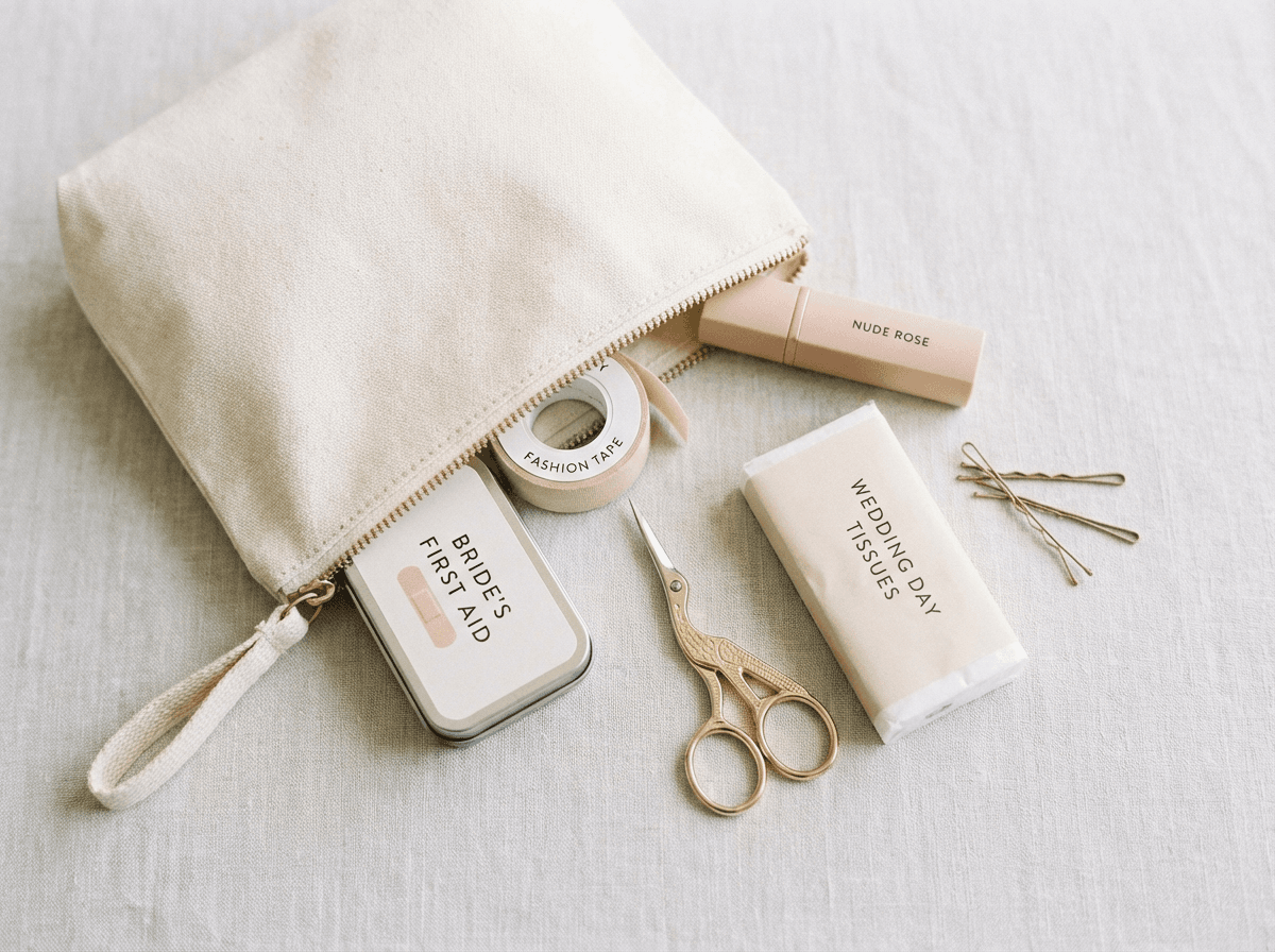 Flat lay of a wedding day emergency kit with beauty and first-aid essentials